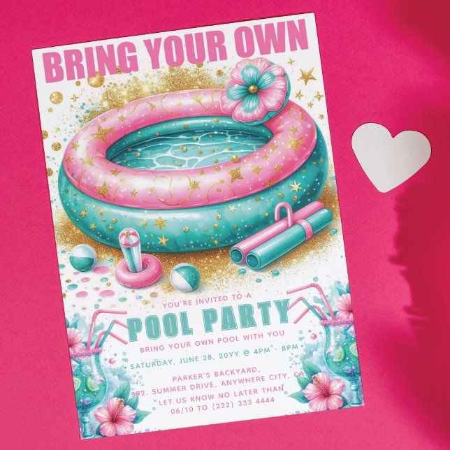 Bringen Sie Ihr eigenes Pool Party Pink Türkis Gli Einladung (Von Creator hochgeladen)