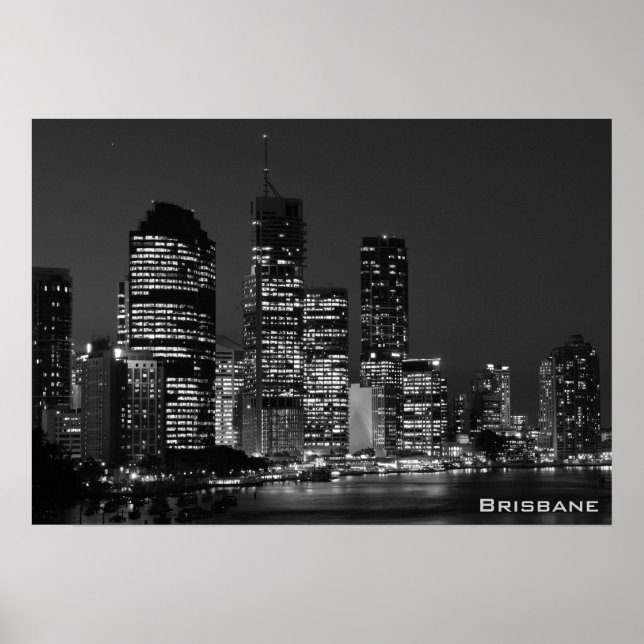 Brisbane Stadt, Nacht - Schwarz-Weiß-Poster Poster (Vorne)