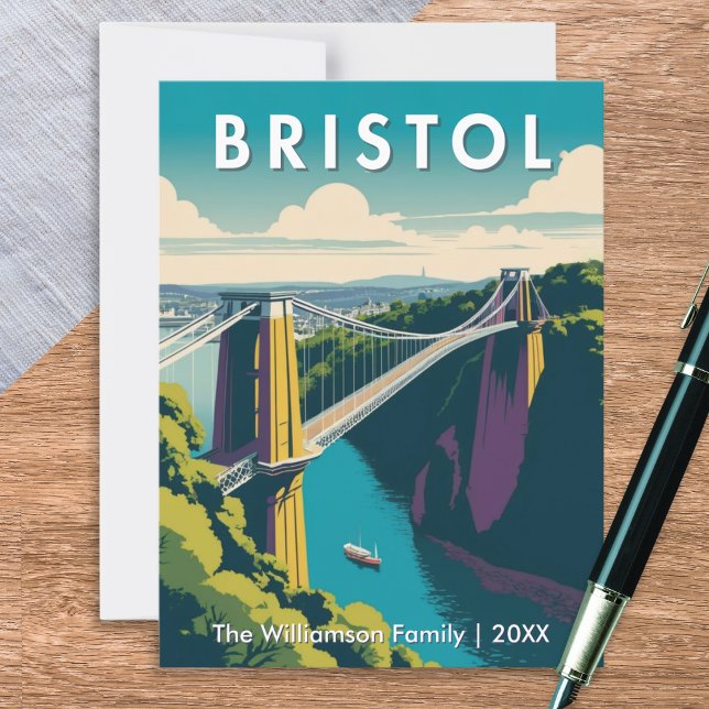 Bristol UK Clifton Suspension Bridge Retro Custom Postkarte (A personalized postcard with retro picture of the Clifton Suspension Bridge, Bristol, UK)