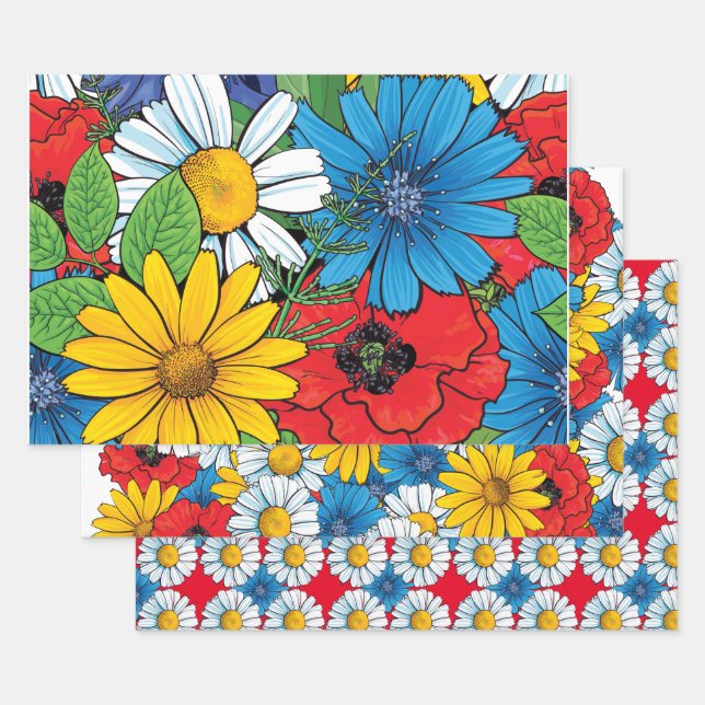 Brite Floral Wrapping Paper Flat Sheet Set 3 Geschenkpapier Set (Set)