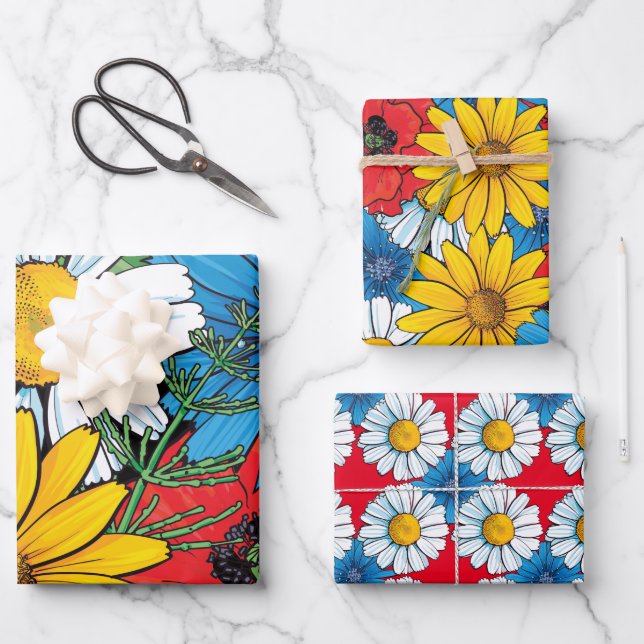 Brite Floral Wrapping Paper Flat Sheet Set 3 Geschenkpapier Set (Vorderseite)