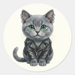 Britisch Blaues Punk-Katze in Ledermantel Aufklebe Runder Aufkleber