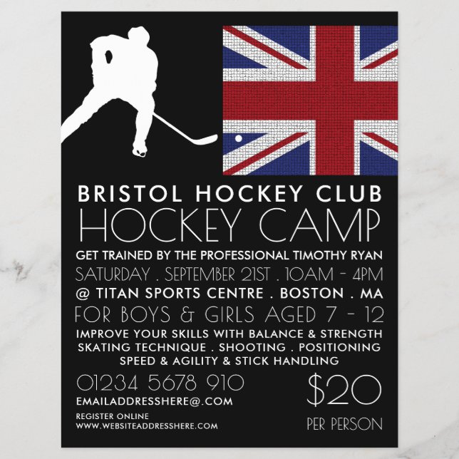 Britische Flagge, Hockey-Spieler, Campingwerbung Flyer (Vorne)