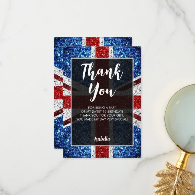 Britische Flagge Rot-Weiß Glitzern elegante Sweet  Dankeskarte (Vorderseite/Rückseite Beispiel)
