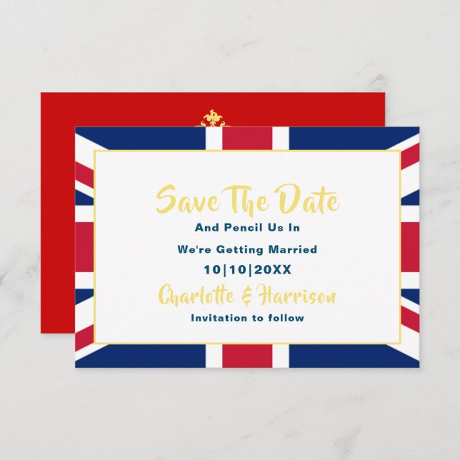 Britische Hochzeit in Urlaubsort Jack Flag Save The Date (Vorne/Hinten)