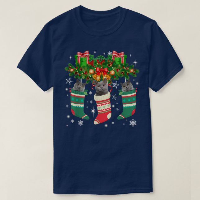 Britische Kurzkatzen in der Weihnachtssockkatze Lo T-Shirt (Design vorne)