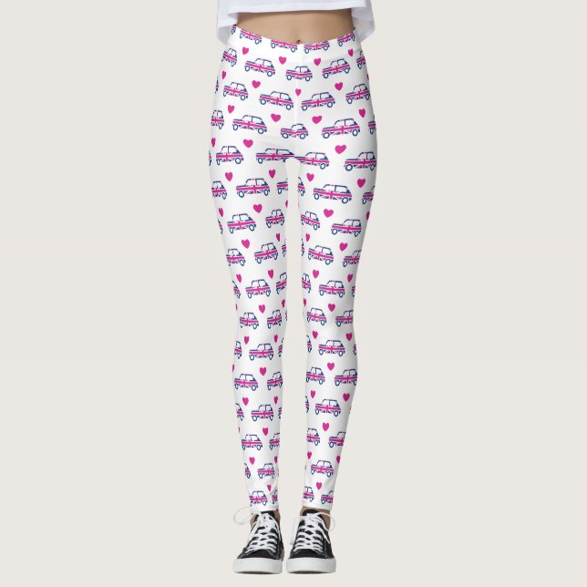 Britische Mini Cooper-Herzen - Blau u. Rosa Leggings (Vorderseite)