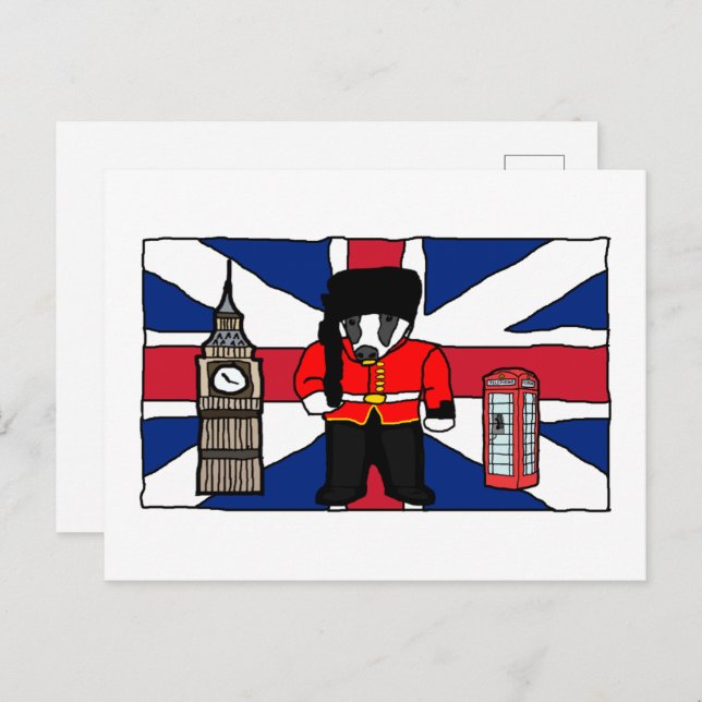 Britischer Badger-Cartoon mit Big Ben und Flag Postkarte (Vorne/Hinten)