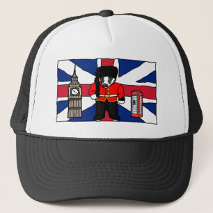 Britischer Badger-Cartoon mit Big Ben und Flag Truckerkappe