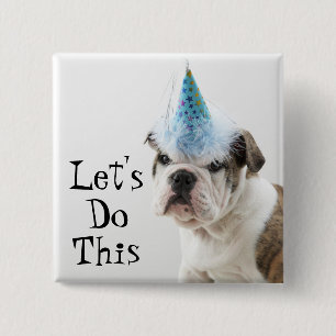 Britischer Bulldoggen-Welpe, der einen Party-Hut Button
