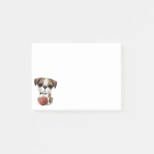 Britischer Bulldoggen-Welpe, der mit Basketball Post-it Klebezettel