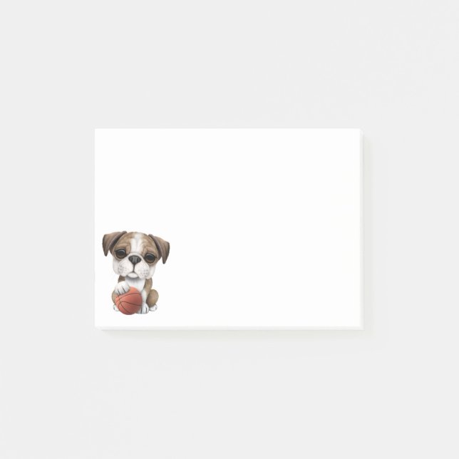 Britischer Bulldoggen-Welpe, der mit Basketball Post-it Klebezettel (Vorderseite)