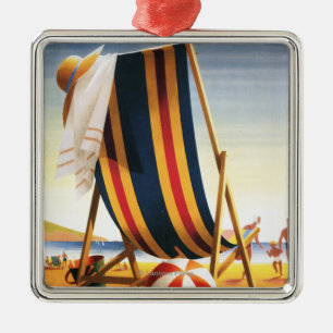 Britischer Eisenbahn-Strand-Stuhl und Ball-Plakat Silbernes Ornament
