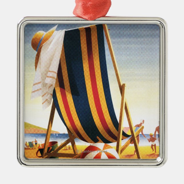 Britischer Eisenbahn-Strand-Stuhl und Ball-Plakat Silbernes Ornament (Vorne)