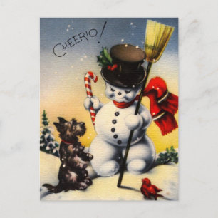 Britischer Schneemann und Scotty Dog sagen "Cheeri Feiertagspostkarte