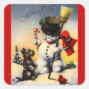 Britischer Schneemann und Scotty Dog sagen "Cheeri Quadratischer Aufkleber