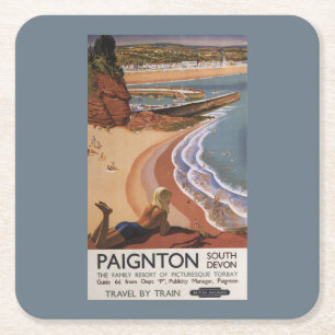 Britisches Eisenbahn-Mädchen, das über einer Rechteckiger Pappuntersetzer