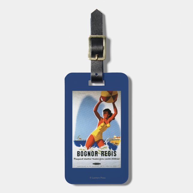 Britisches Eisenbahn-Mädchen und Beachball Plakat Gepäckanhänger (Vorderseite vertikal)