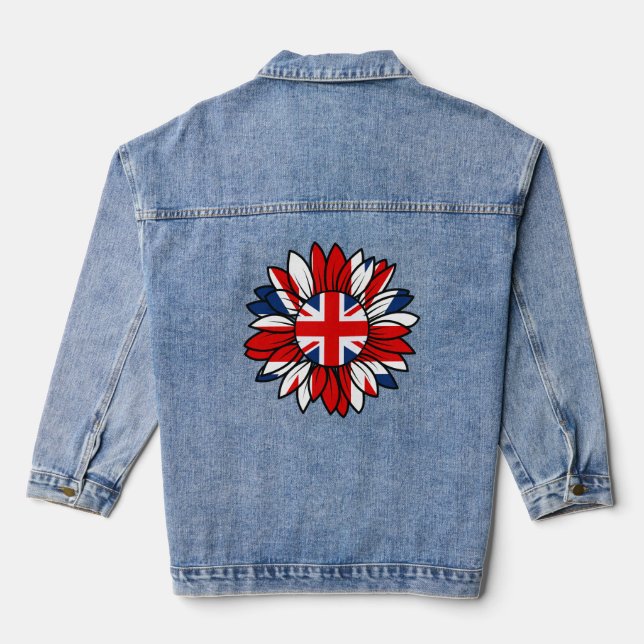 Britisches Flaggen-Sonnenblumen-Design Damen Jeansjacke (Rückseite)