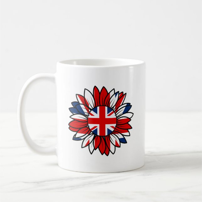 Britisches Flaggen-Sonnenblumen-Design Kaffeetasse (Links)