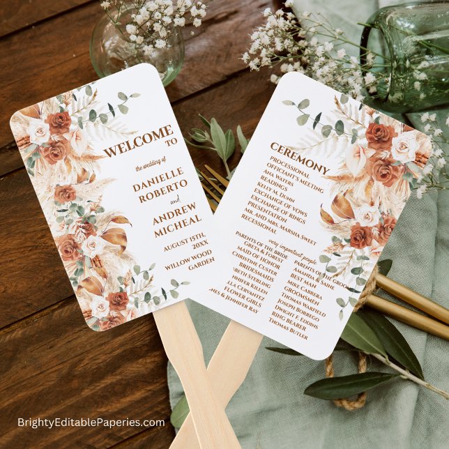 Britisches Hochzeitsprogramm für Terracotta Pampas Fächer (Brighten Your Wedding Day with Our Terracotta Pampas Grass Hand Fans.)