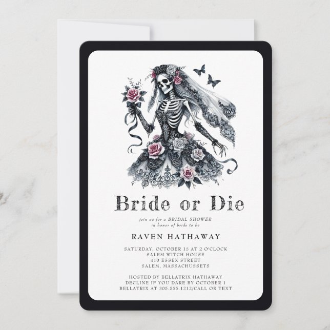 Britisches oder Die Gothic Floral Skelett Brautpar Einladung (Vorderseite)