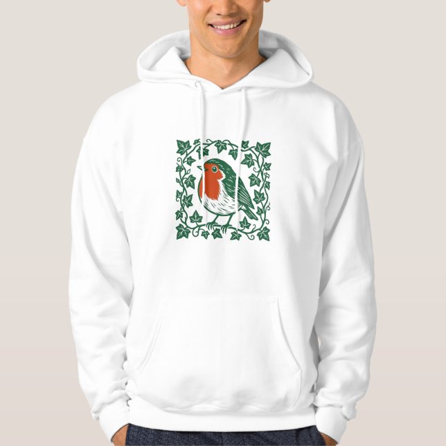 Britisches Rotkehlchen-Linolschnitt-Efeu-Design Hoodie (Vorderseite)