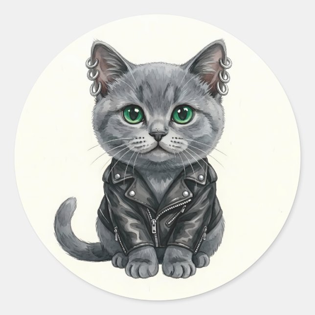 British Blue Punk Cat in Leather Jacket Sticker (Vorderseite)