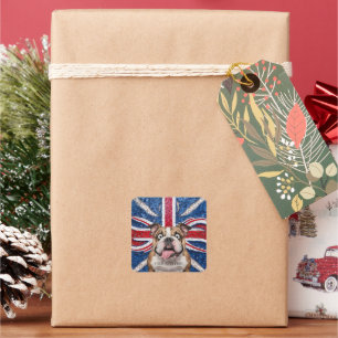 British Bulldog mit Gewerkschaft Flag als Hintergr Quadratischer Aufkleber