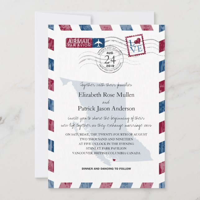 British Columbia Airmail Hochzeitseinladung Einladung (Vorderseite)