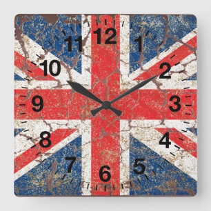 British Flag Distressed Quadratische Wanduhr