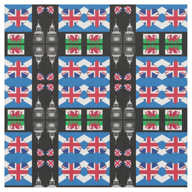 British Heart, Welsh Dragon & Scottish Flag / UK Stoff (Nahaufnahme)
