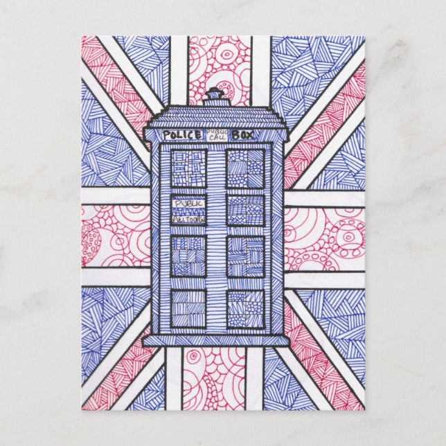 British Police Box und Union Jack Flag Illustriert Postkarte (Vorderseite)