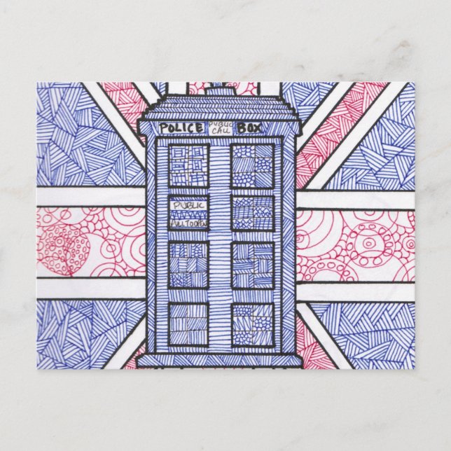 British Police Box und Union Jack Flag Illustriert Postkarte (Vorderseite)