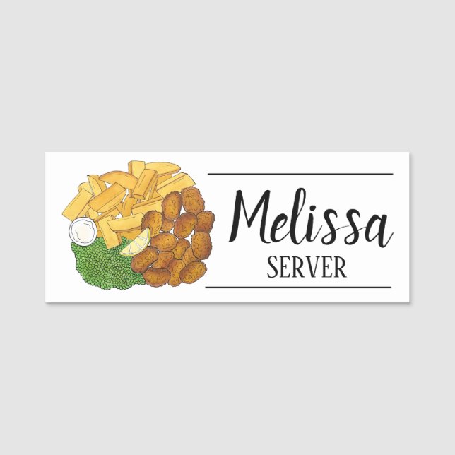 British Pub Fare Scampi Chips Peas English Food Namensschild (Vorderseite)