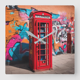 British Red Telefone Box Quadratische Wanduhr