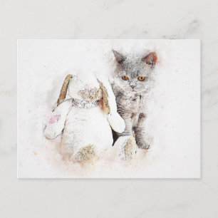 British Shorthair & Bunny   ABSTRAKT   Wasserfarbe Postkarte