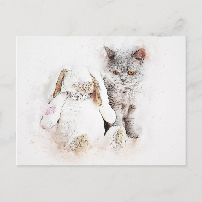 British Shorthair & Bunny | ABSTRAKT | Wasserfarbe Postkarte (Vorderseite)