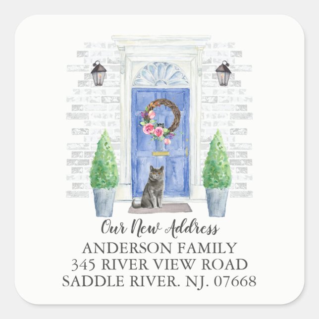 British Shorthair Cat Blue Door New Address Label Quadratischer Aufkleber (Vorderseite)