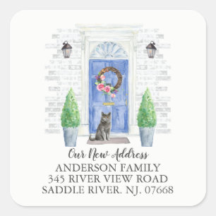 British Shorthair Cat Blue Door New Address Label Quadratischer Aufkleber