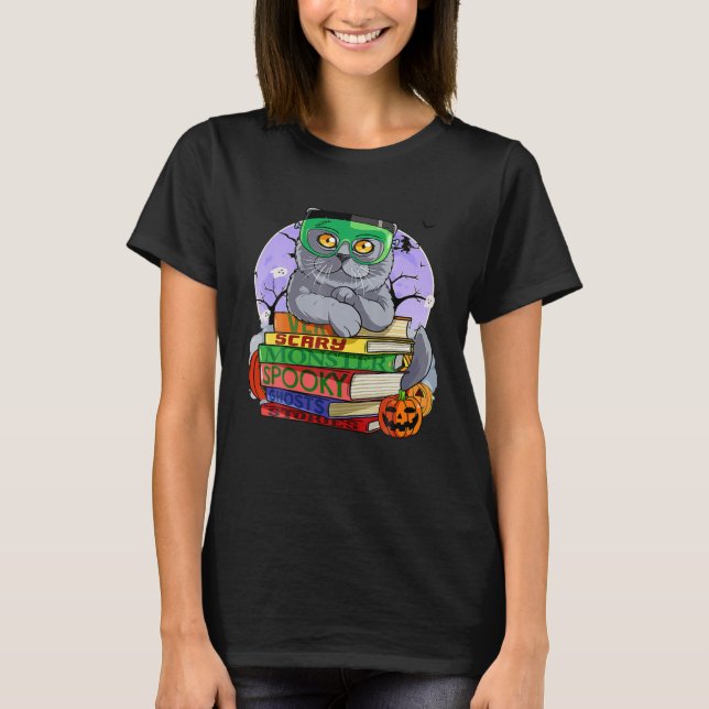 British Shorthair Cat Frankenstein Halloween Witch T-Shirt (Vorderseite)