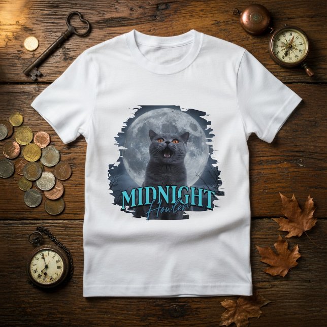 British Shorthair Cat Howling At The Moon T-Shirt (Von Creator hochgeladen)