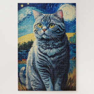 British Shorthair Cat in Starry Night Puzzle