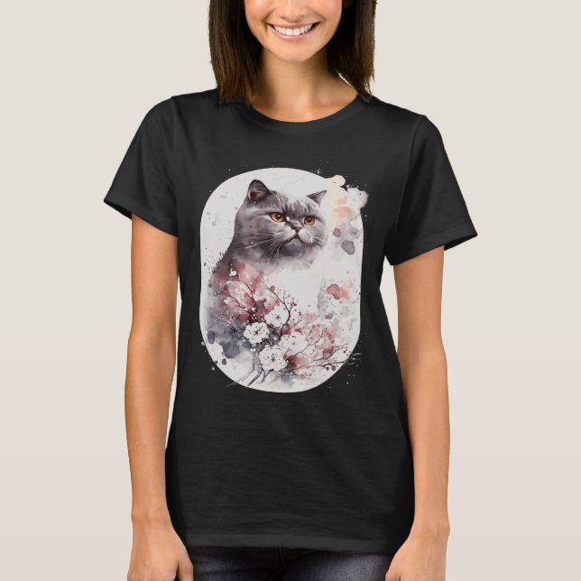 British Shorthair Cat Japanese Cherry Blossom Saku T-Shirt (Vorderseite)