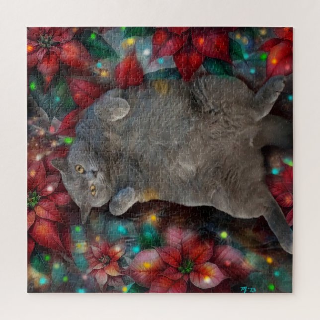 British Shorthair Cat Kitty in Poinsettias Lights Puzzle (Vertikal)