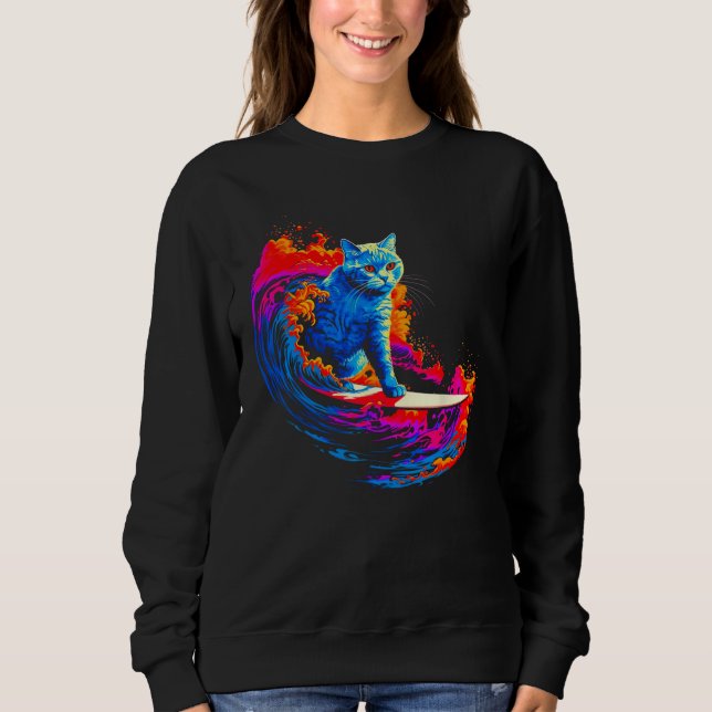 British Shorthair Cat Surfing Sweatshirt (Vorderseite)