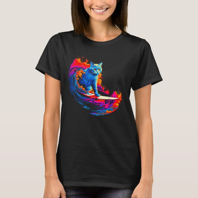 British Shorthair Cat Surfing T-Shirt (Vorderseite)