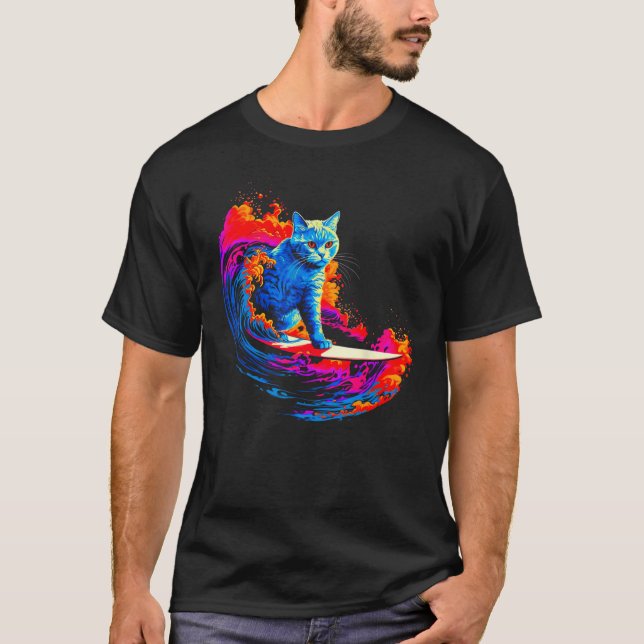 British Shorthair Cat Surfing T-Shirt (Vorderseite)