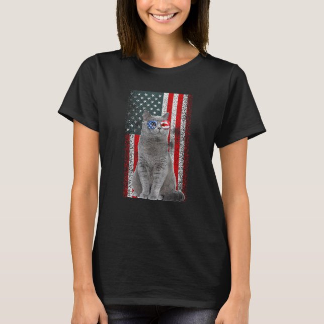 British Shorthair Cat US Flag Sunglasses Independe T-Shirt (Vorderseite)