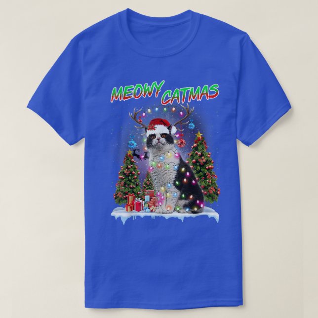 British Shorthair Cat Xmas Tree Lights Weihnachtsm T-Shirt (Design vorne)